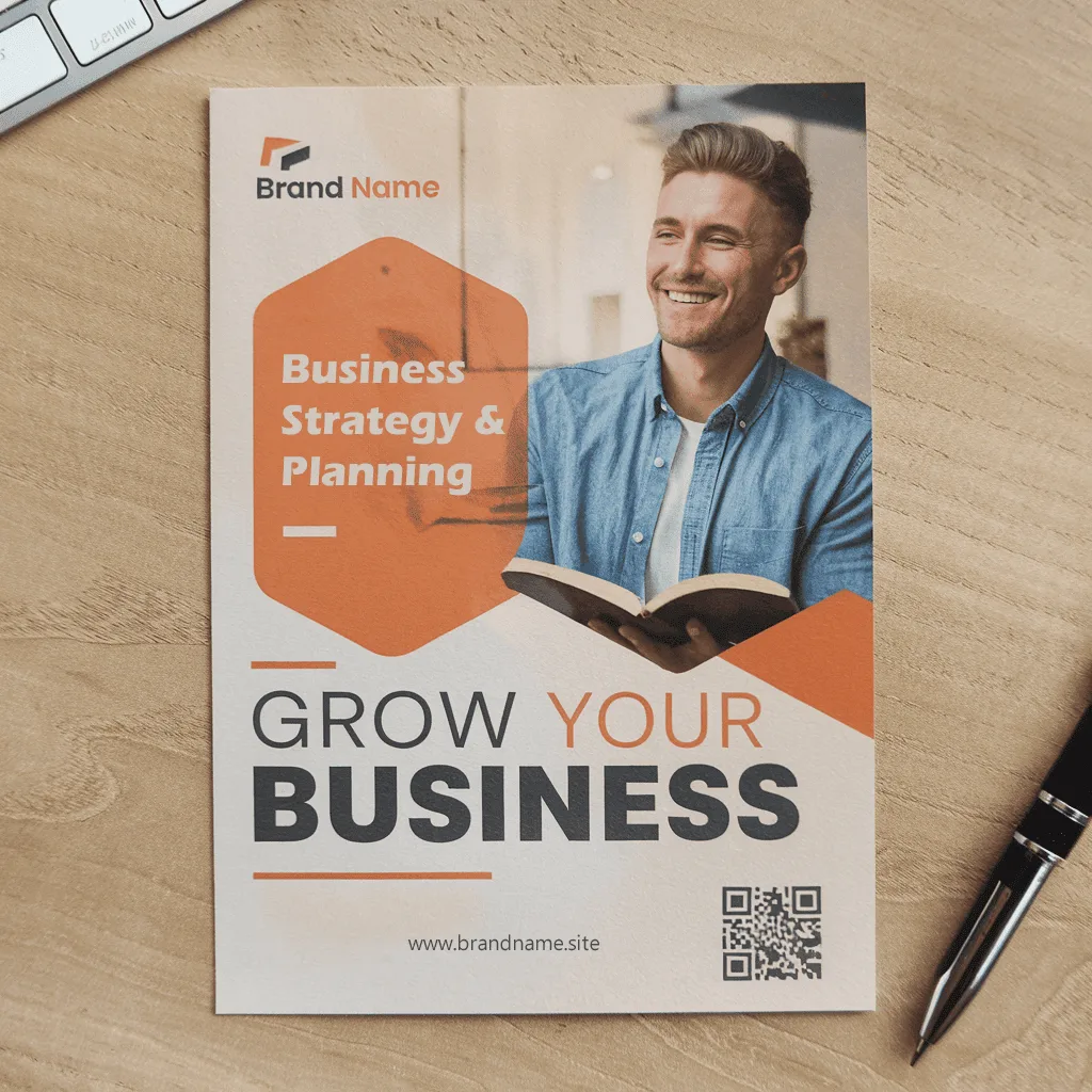 Orange business strategy flyer on a wooden desk