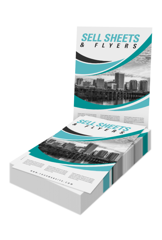 Stack of teal and grey sell sheets with city skyline
