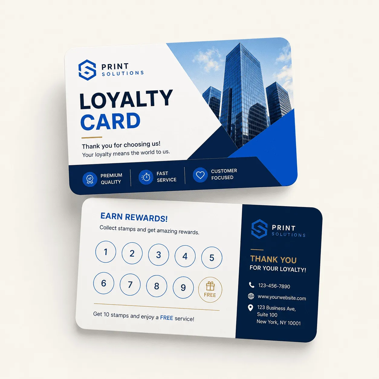 Print Solutions loyalty punch card with a stamp tracker and city skyline