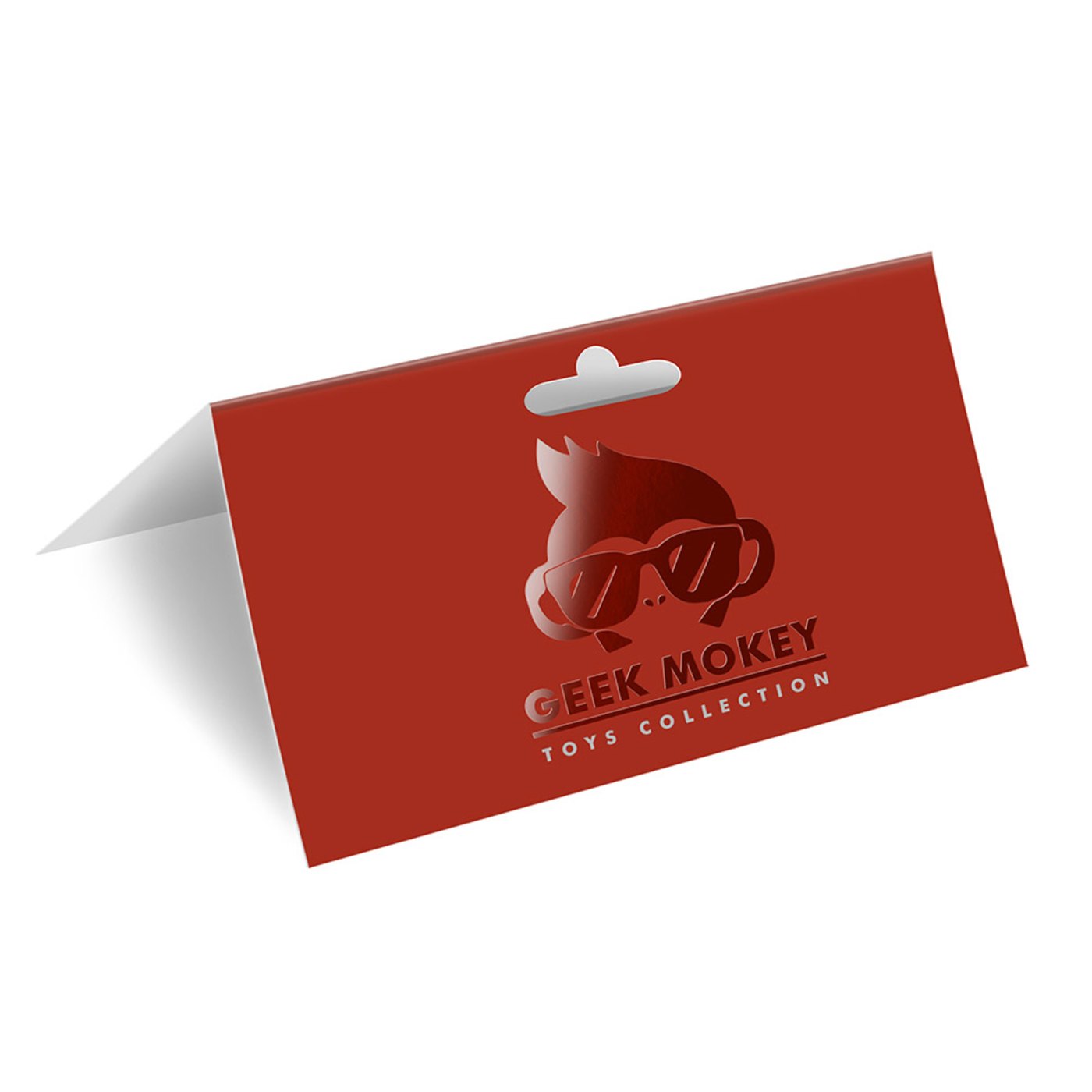 Spot UV header card for Geek Mokey Toys with a glossy spot gloss logo on red stock