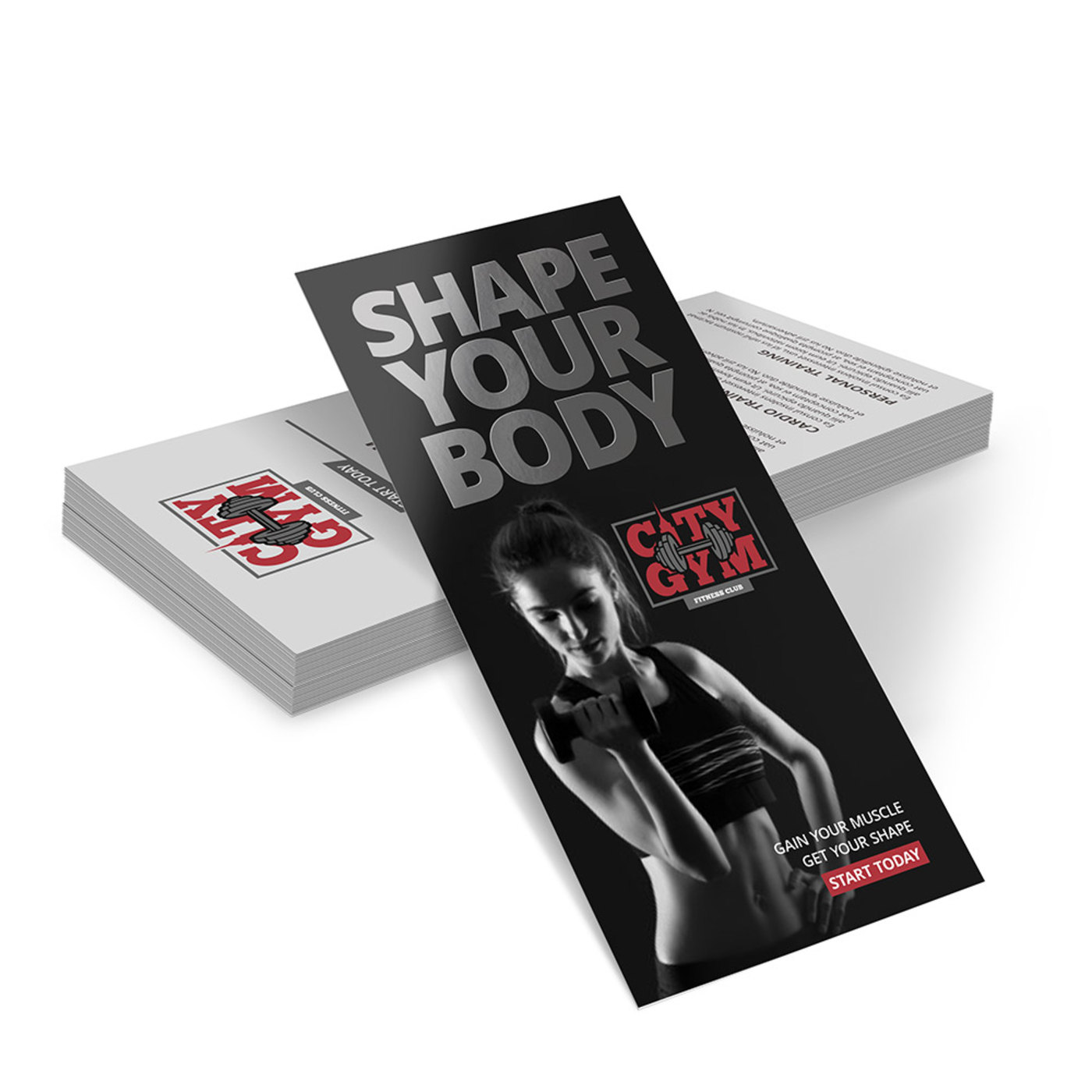 Black City Gym rack cards with glossy spot UV headline