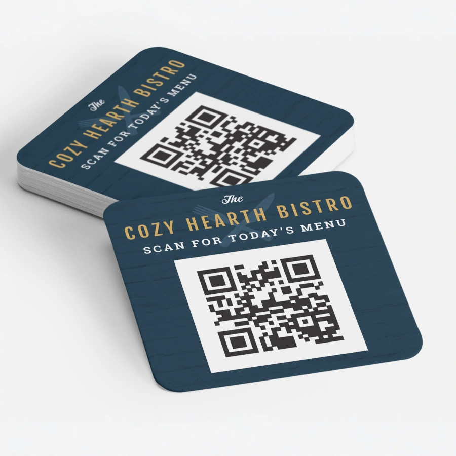 Navy square cards with rounded corners and a restaurant menu QR code