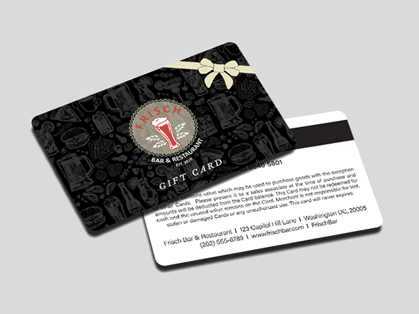 Frisch Bar & Restaurant gift card with a black illustrated pattern and bow