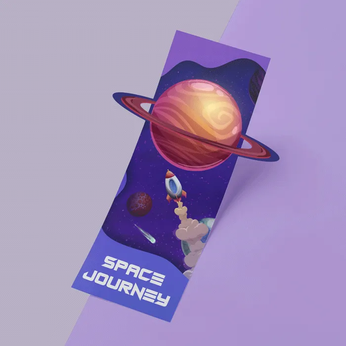 Space-themed die-cut flyer with a raised planet cut-out