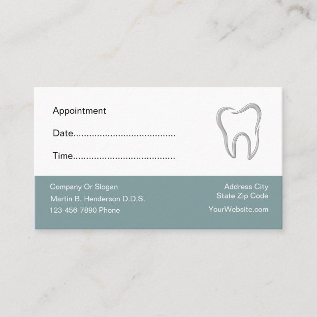 White and teal dental appointment card with tooth emblem