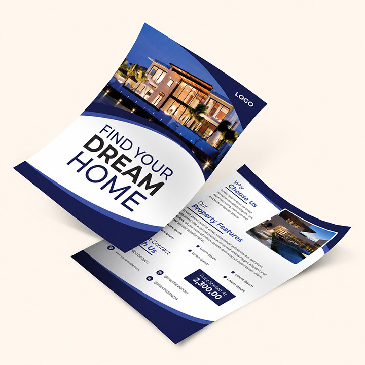 Blue and white real estate flyer with dream home headline