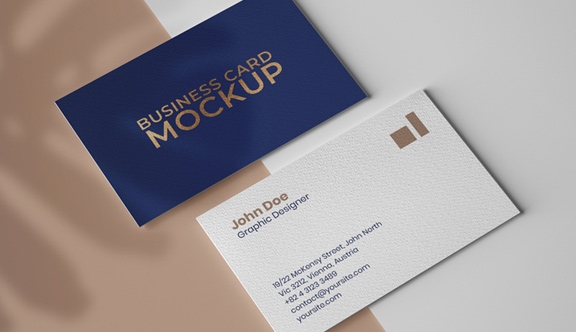 Navy and white business card mockup with gold foil lettering
