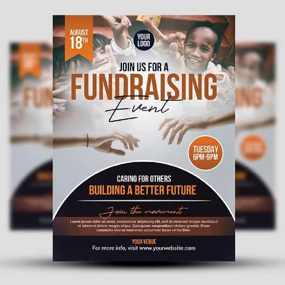 Fundraising event flyer with orange and navy design
