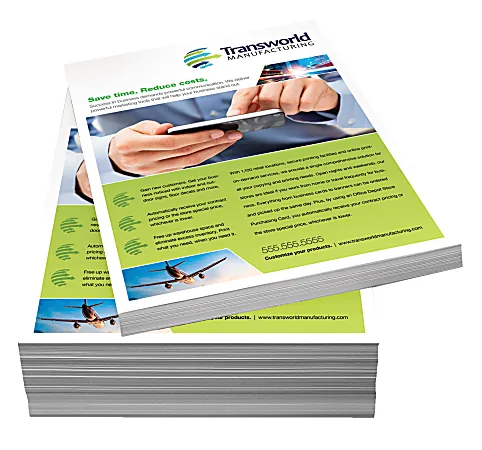 Stack of full color green manufacturing flyers
