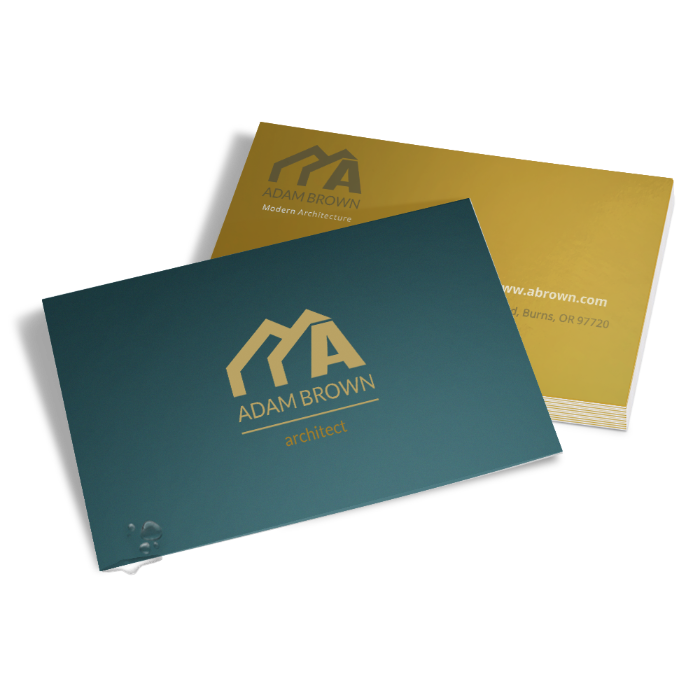 Teal and gold silk business cards for an architect