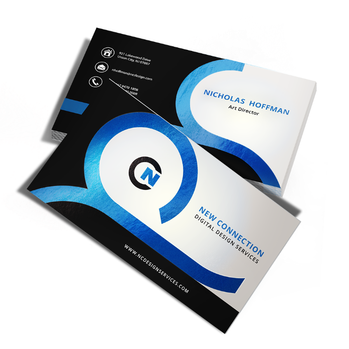 Black and white business cards with metallic blue foil design
