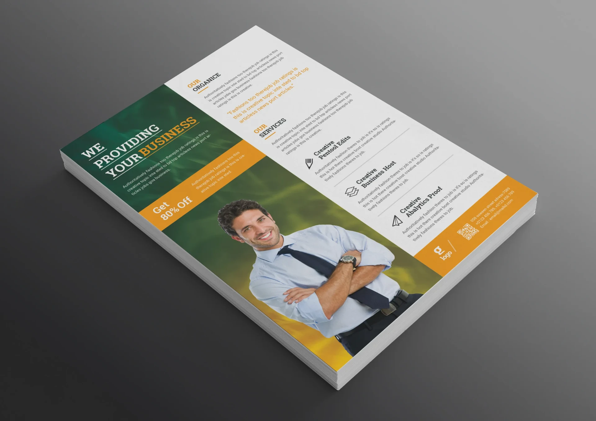 Stack of green and gold corporate business flyers