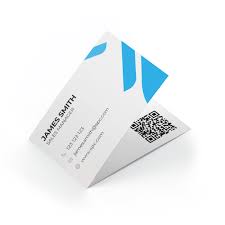 White and blue folded business card with QR code