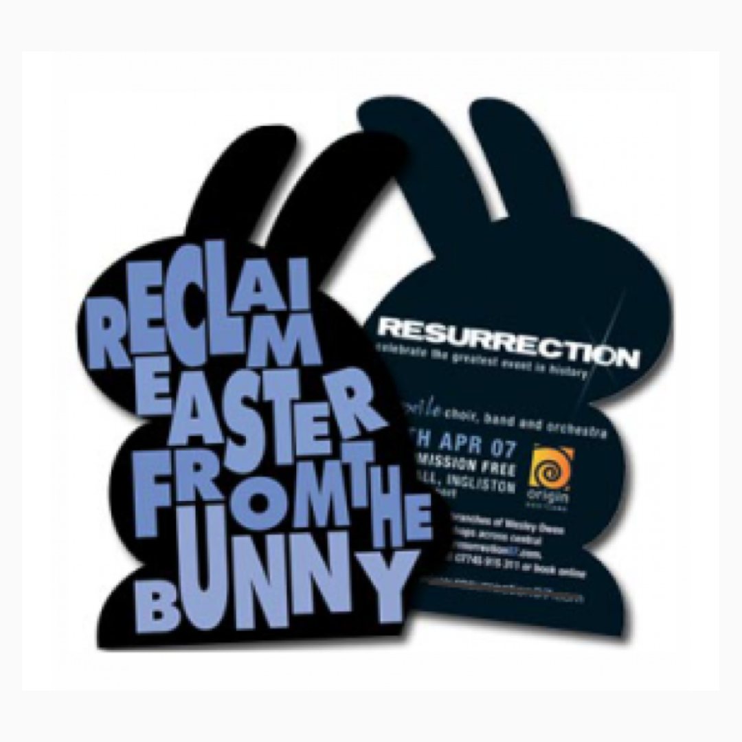 Bunny-shaped die-cut Easter event flyer