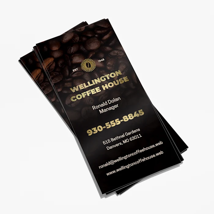 Wellington Coffee House rack cards with metallic gold lettering
